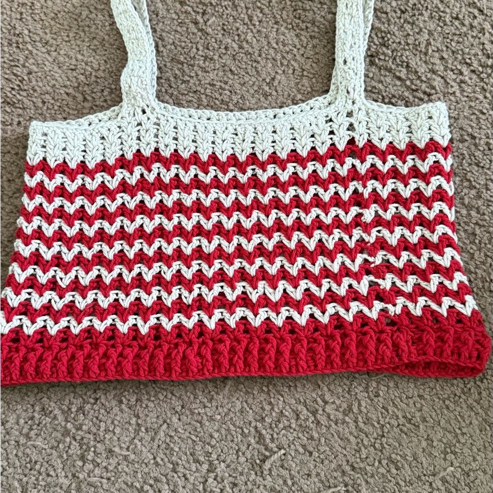Red and White Crochet Tote Bag
